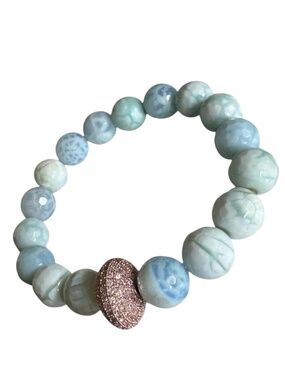 Baby Blue Agate Bracelet | 10mm Faceted Beads | Rose Gold Pavé Rondelle | Luxe